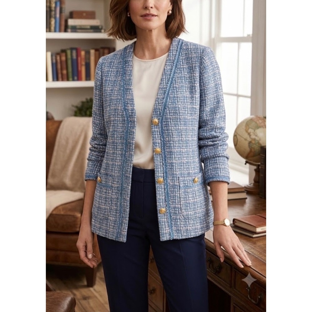 Talbots‎ Blue Pink Tweed Blazer Jacket Gold Button Fringed Trim Womens Size 10